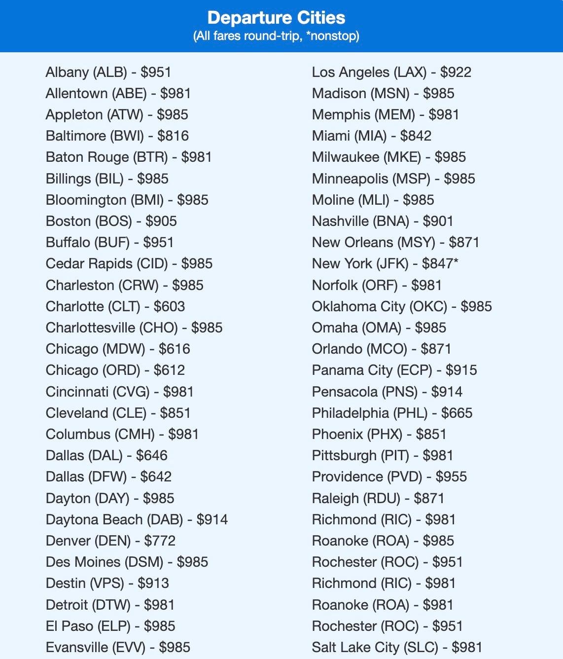 A list of departure cities and fares flying to Madrid in Delta Premium Select in the $600s, $700s, $800s, and $900s roundtrip. 